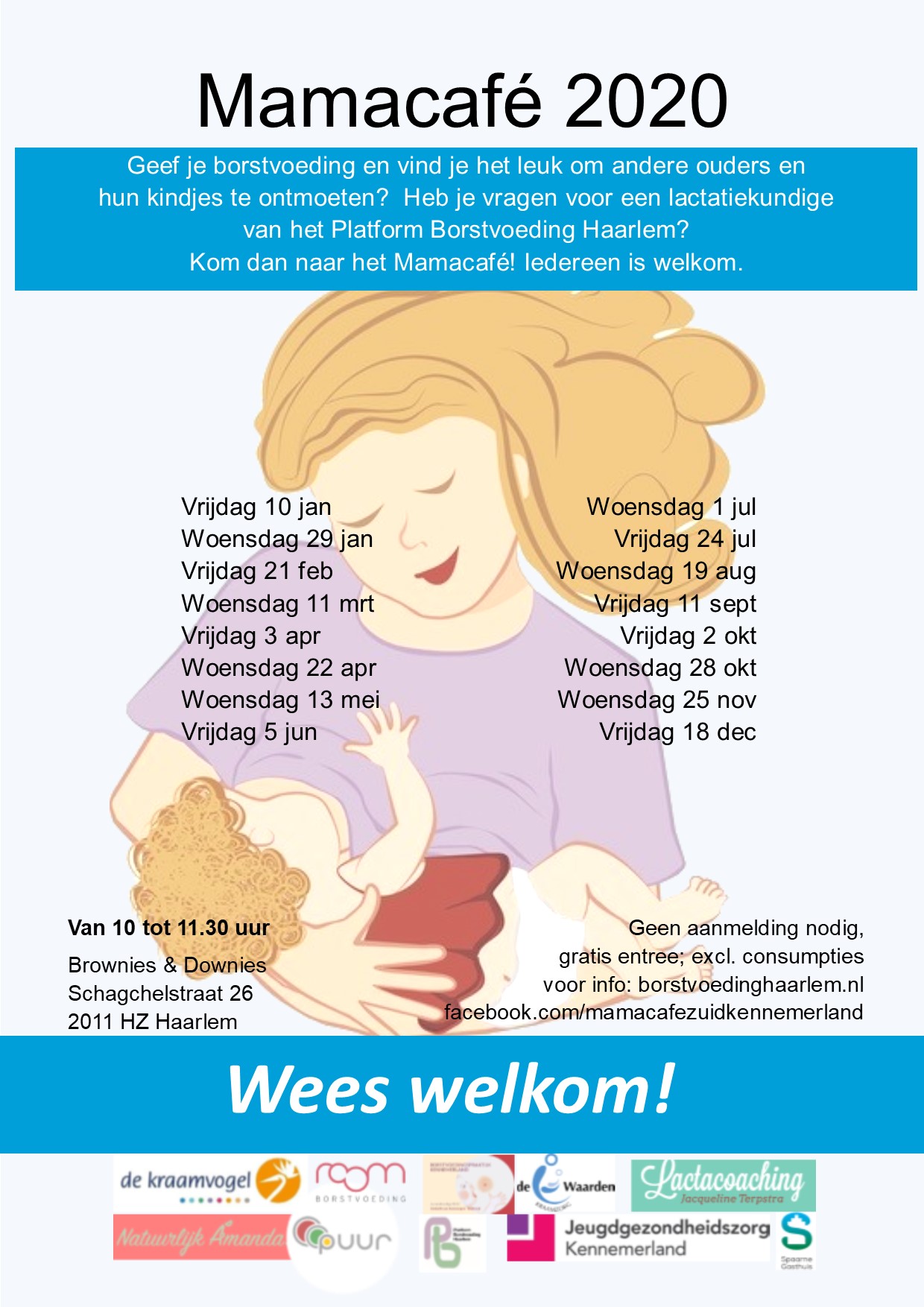 Poster of Mamacafé 2020 with the dates of the breastfeeding meetings in Haarlem