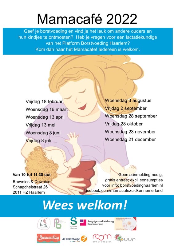 Poster van het Mamacafé 2022 met de data van de borstvoedingsbijeenkomsten in Haarlem