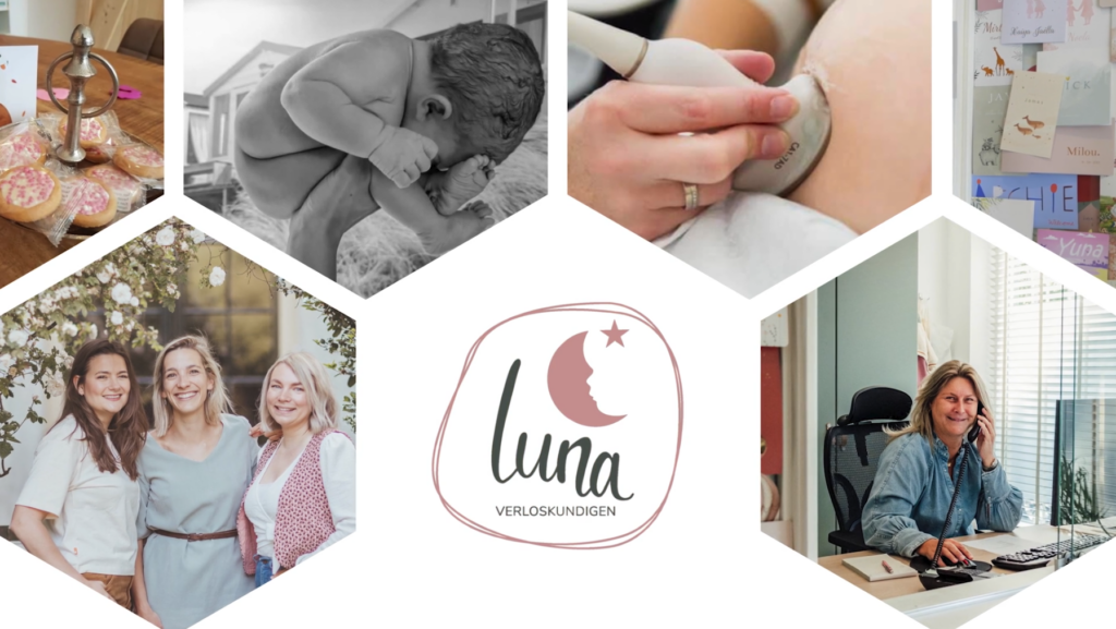 Collage van foto’s uit de praktijk met het Luna-logo, start de video